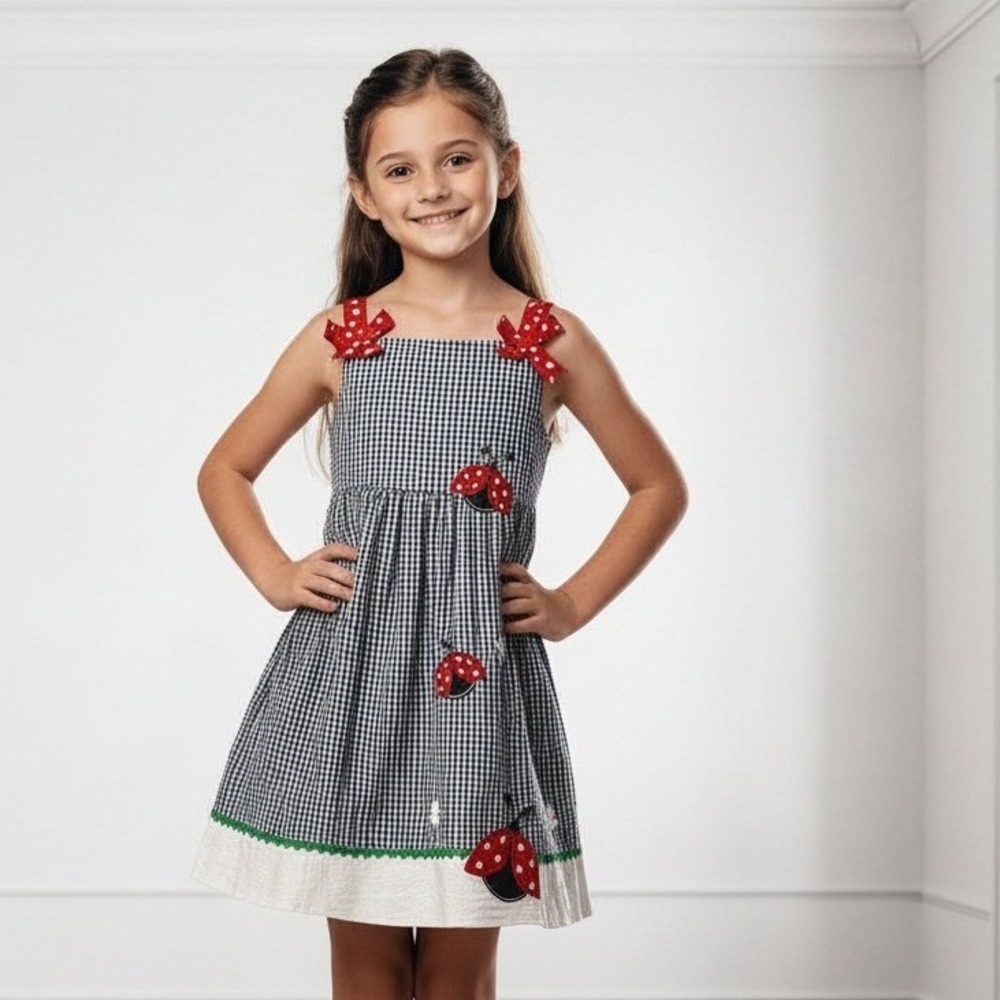 Rare Editions Girls Vintage Gingham Ladybug Seersucker Dress Navy Red Size 6